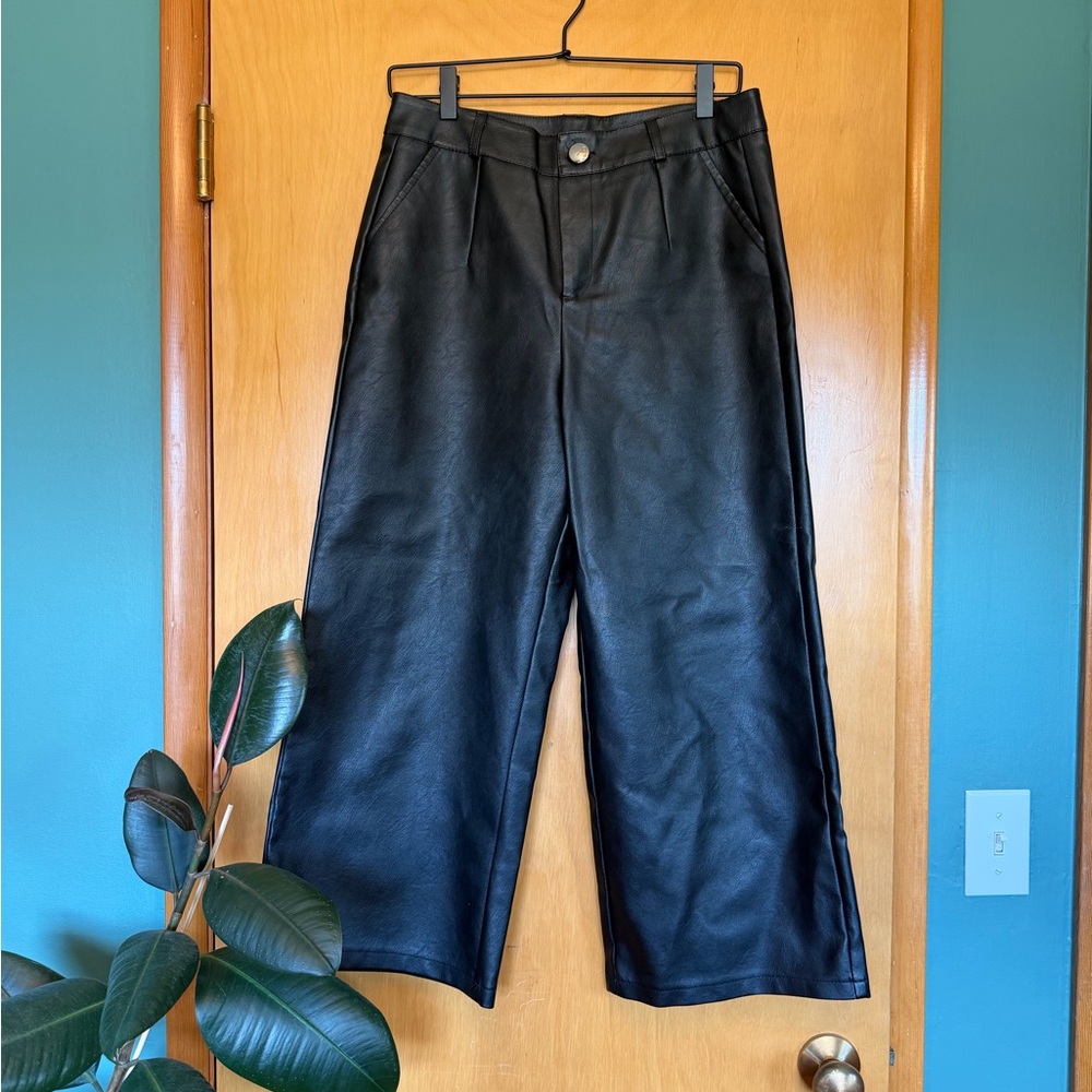 Black Faux Leather Wide Leg Cropped Pants